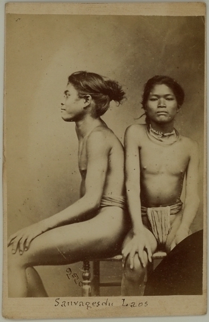 Portrait of two seated ethnic inhabitants from Laos - Albumen carte de visite by Emile Gsell (1838-1879)
