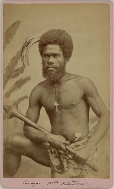 Portrait of a Kanak man from New Caledonia - albumen carte de visite by Allan Hughan (1834-1883), Noumea