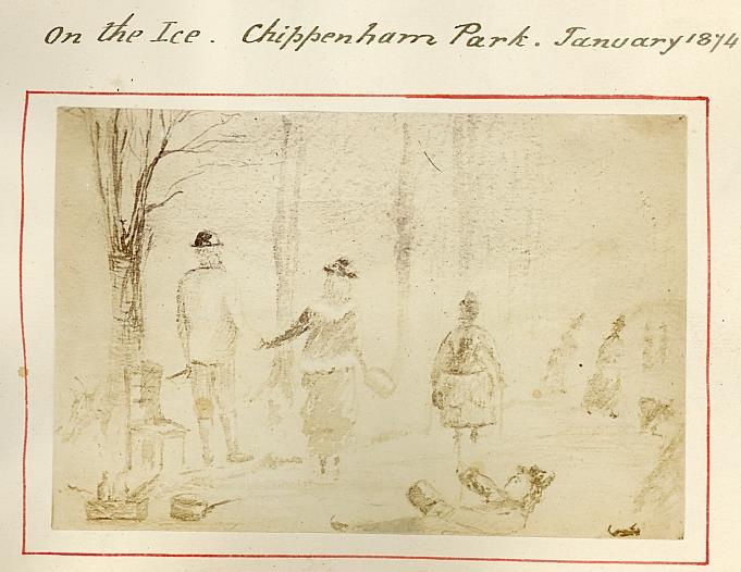 Photographed drawing of a scene on the Ice at Chippenham Park, January 1874
