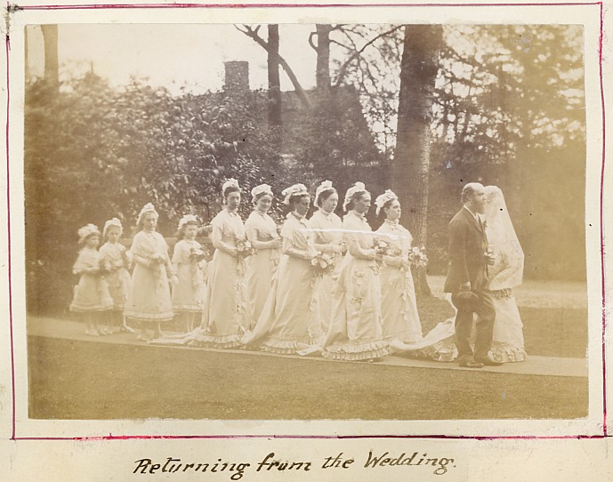 Robert Marsham (1834-1914) and Clara Catherine Paley (1845-1931) with bridesmaides, returning from their wedding on April 5, 1877